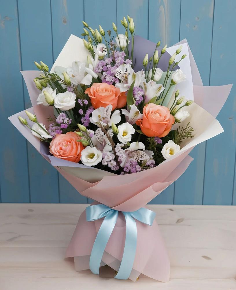 Букет Утренняя свежесть в Петушках Букет цветов из: Лизиантусы, Розы, Альстромерии и Гипсофила в Петушках